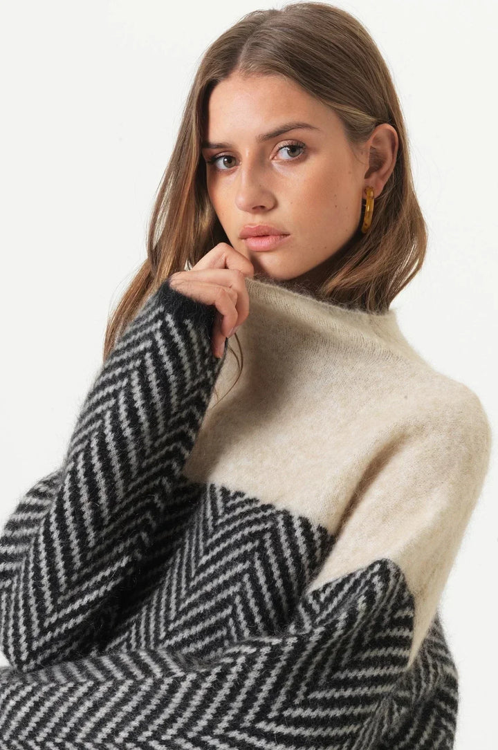 Women's Turtleneck Jumper with Chevron Pattern and Long Sleeves