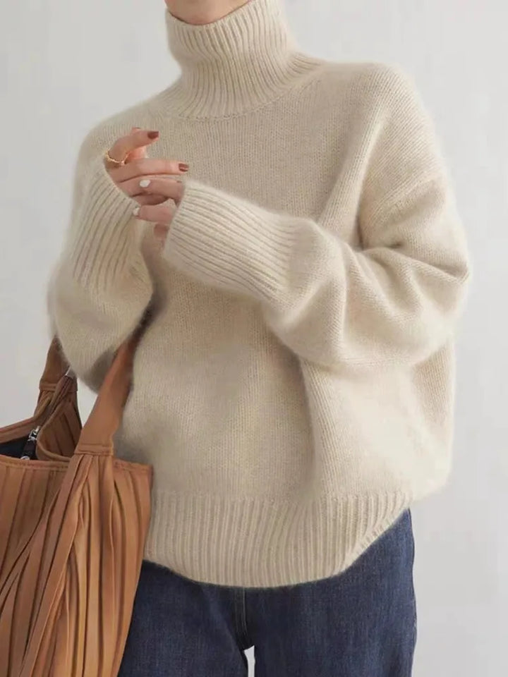 Women's Turtleneck Jumper with Ribbed Knit Texture and Long Sleeves