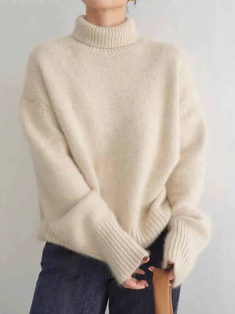Women's Turtleneck Jumper with Ribbed Knit Texture and Long Sleeves