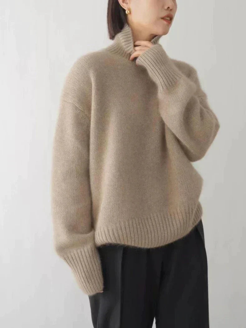 Women's Turtleneck Jumper with Ribbed Knit Texture and Long Sleeves