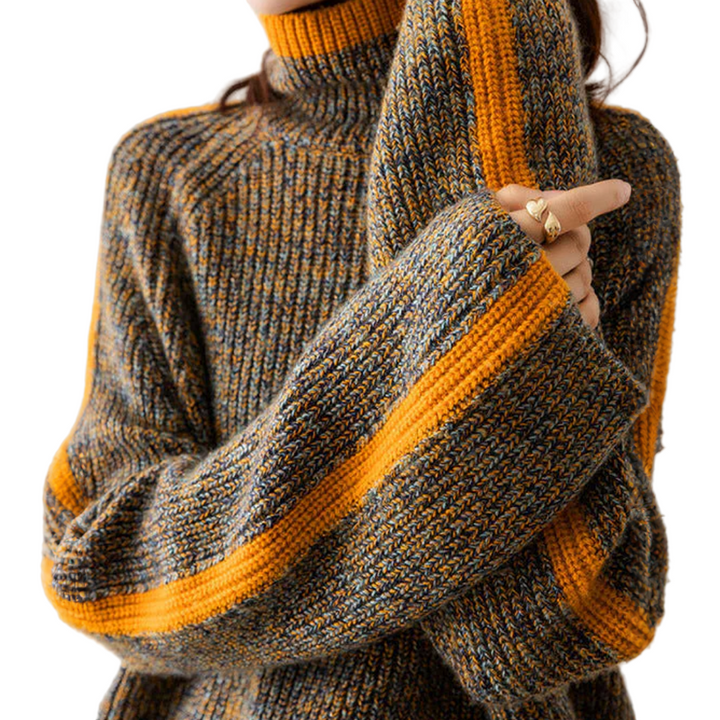 Women's Turtleneck Sweater with Contrast Stripe Hem and Long Sleeves