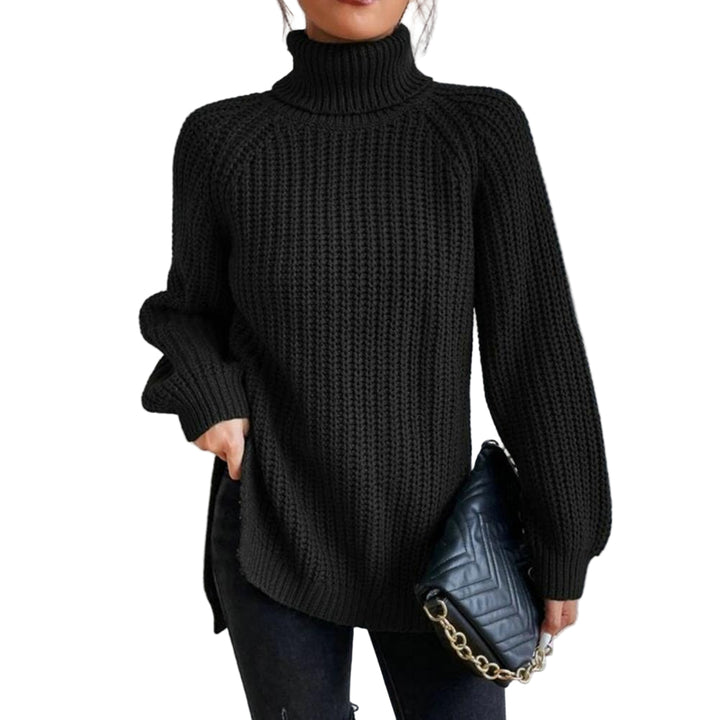 Women's Turtleneck Sweater with Ribbed Texture and Long Sleeves