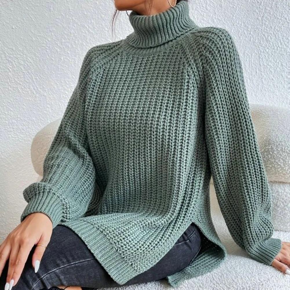 Women's Turtleneck Sweater with Ribbed Texture and Long Sleeves