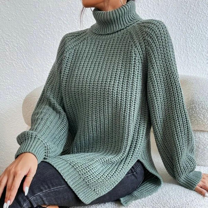 Women's Turtleneck Sweater with Ribbed Texture and Long Sleeves