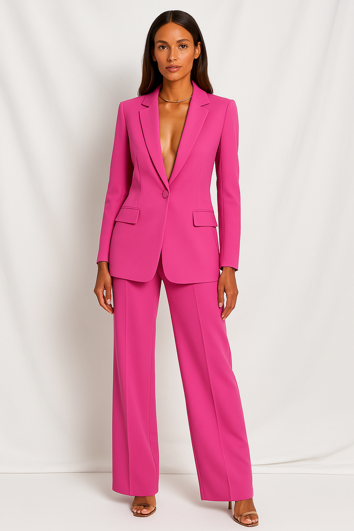 Women's Two-Piece Blazer and Wide-Leg Trousers Set with Notched Lapel