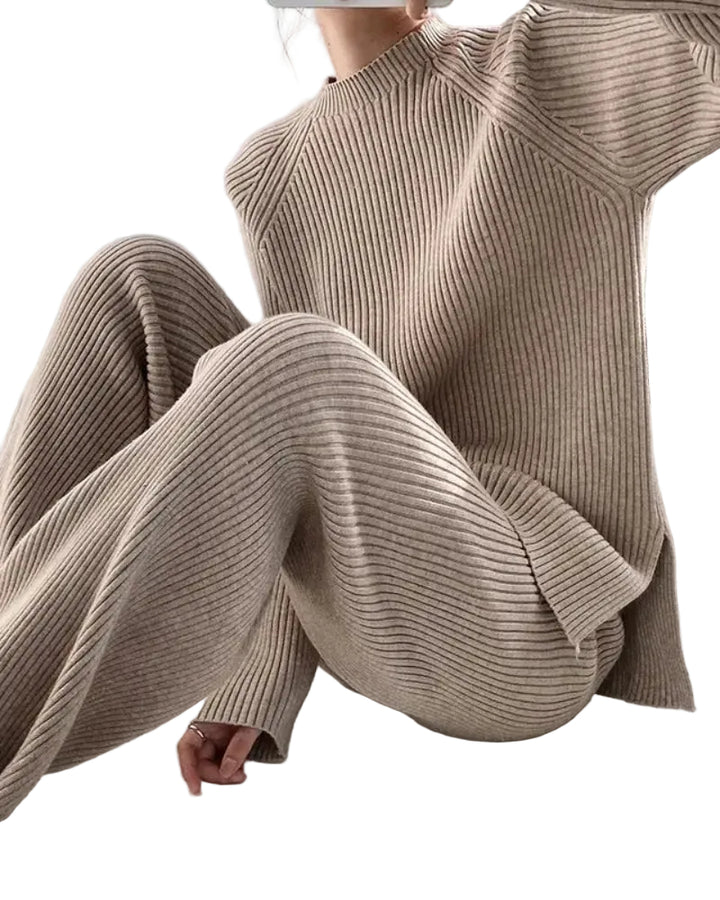 Women's Ribbed Knit Set with High Neck Jumper and Wide Leg Trousers
