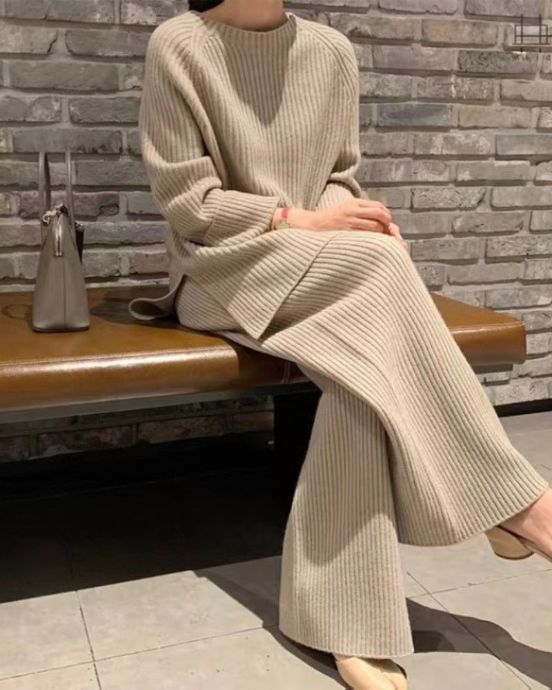 Women's Ribbed Knit Set with High Neck Jumper and Wide Leg Trousers