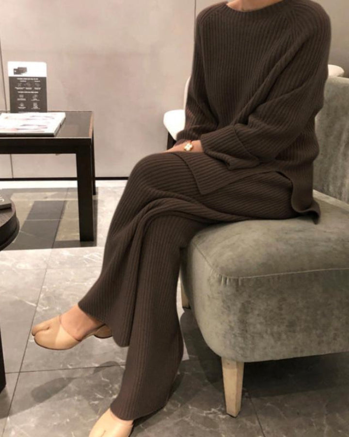 Women's Ribbed Knit Set with High Neck Jumper and Wide Leg Trousers
