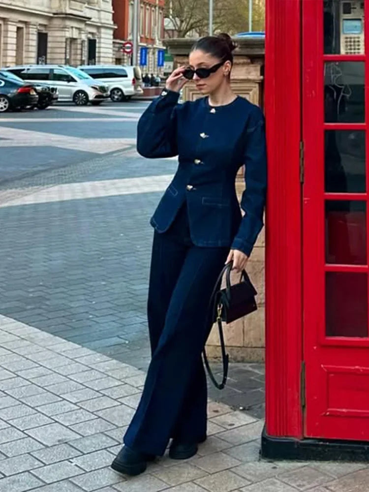 Women's Two-Piece Set with Button-Front Jacket and Wide-Leg Trousers