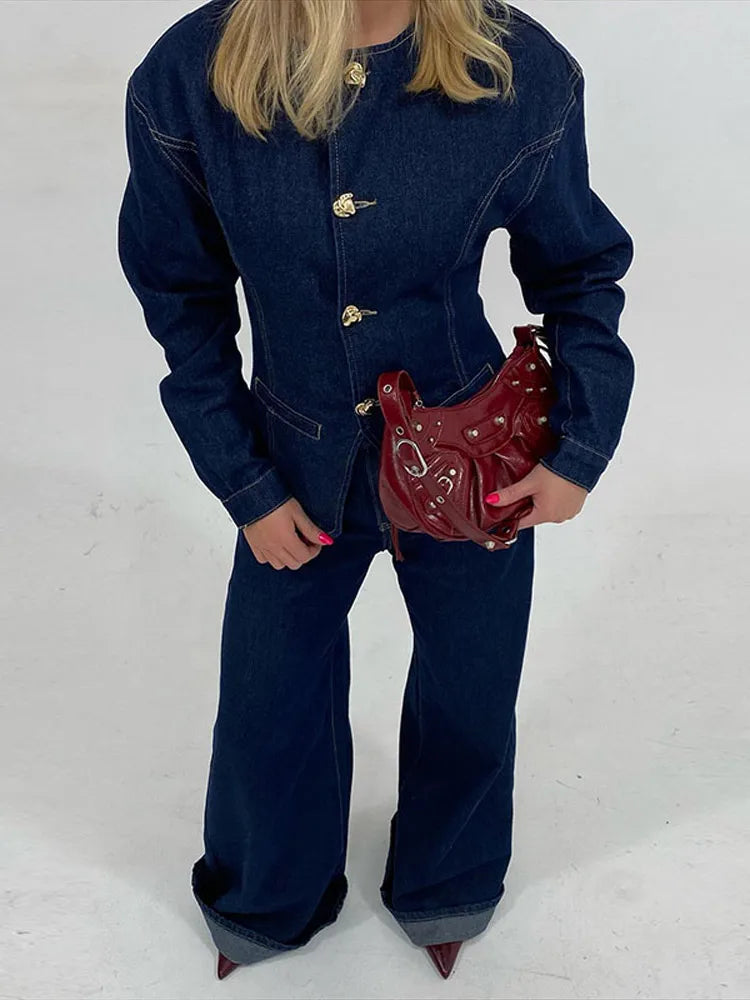 Women's Two-Piece Set with Button-Front Jacket and Wide-Leg Trousers