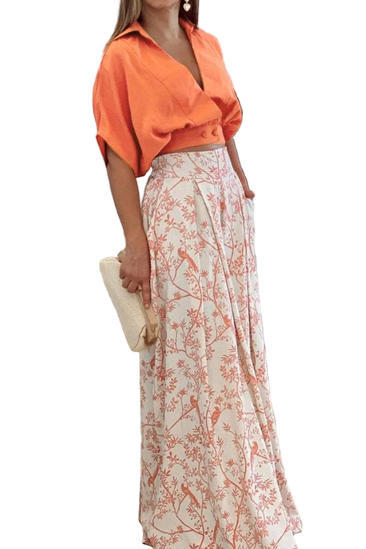 Women's Two-Piece Set with Crop Top and Wide-Leg Printed Trousers