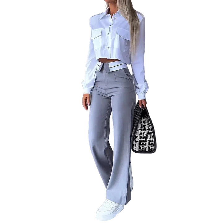 Women's Two-Piece Set with Cropped Blouse and High-Waisted Flared Trousers