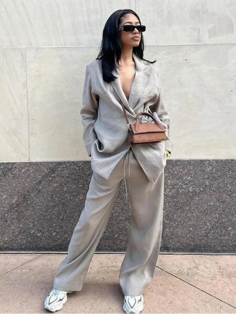 Women's Two-Piece Set with Long Blazer and Wide-Leg Trousers