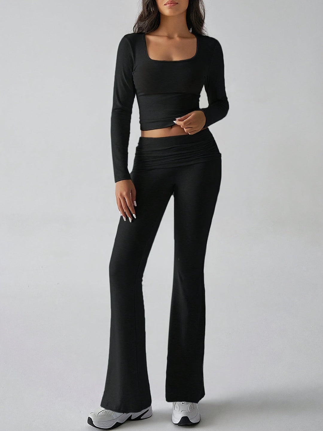 Women's Two-Piece Set with Square Neckline Crop Top and High-Waisted Flared Trousers