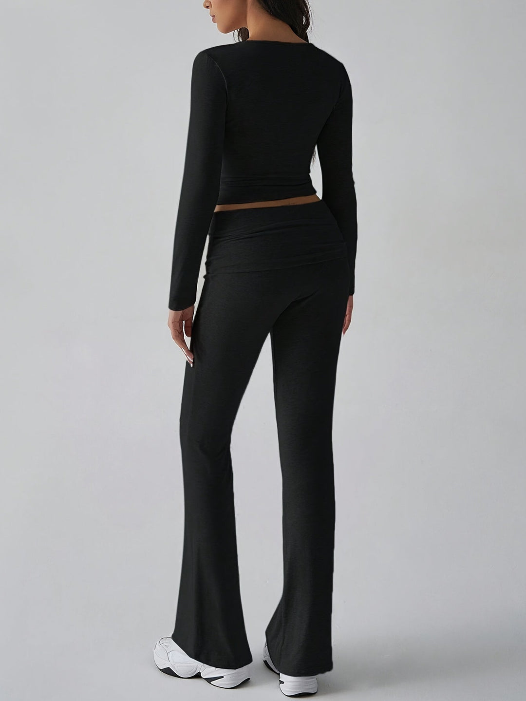 Women's Two-Piece Set with Square Neckline Crop Top and High-Waisted Flared Trousers