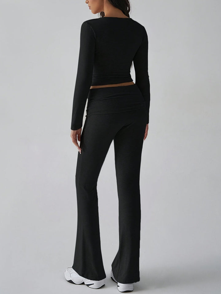 Women's Two-Piece Set with Square Neckline Crop Top and High-Waisted Flared Trousers