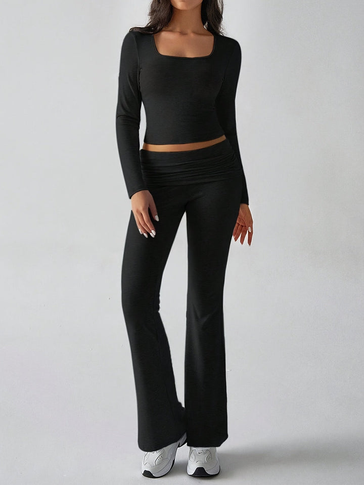 Women's Two-Piece Set with Square Neckline Crop Top and High-Waisted Flared Trousers