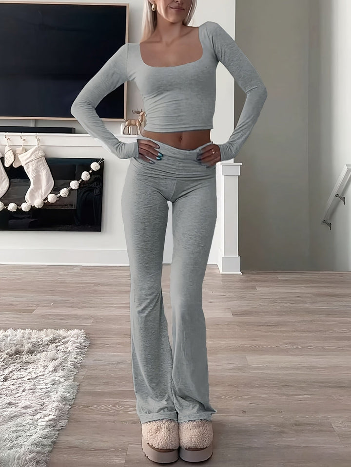 Women's Two-Piece Set with Square Neckline Crop Top and High-Waisted Flared Trousers