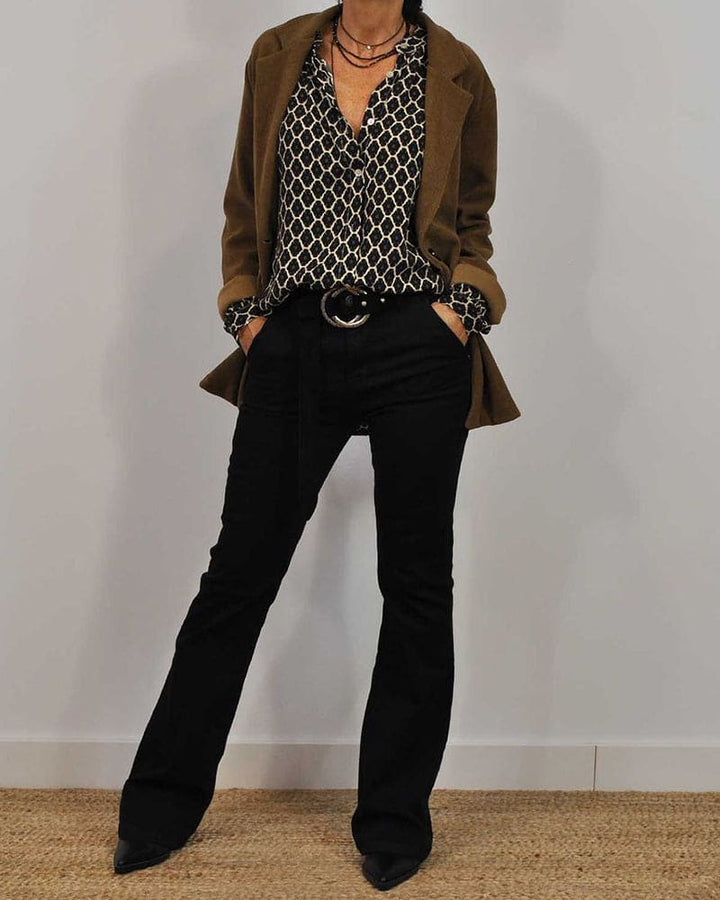 Women's V-Neckline Blouse with Geometric Print and Long Sleeves