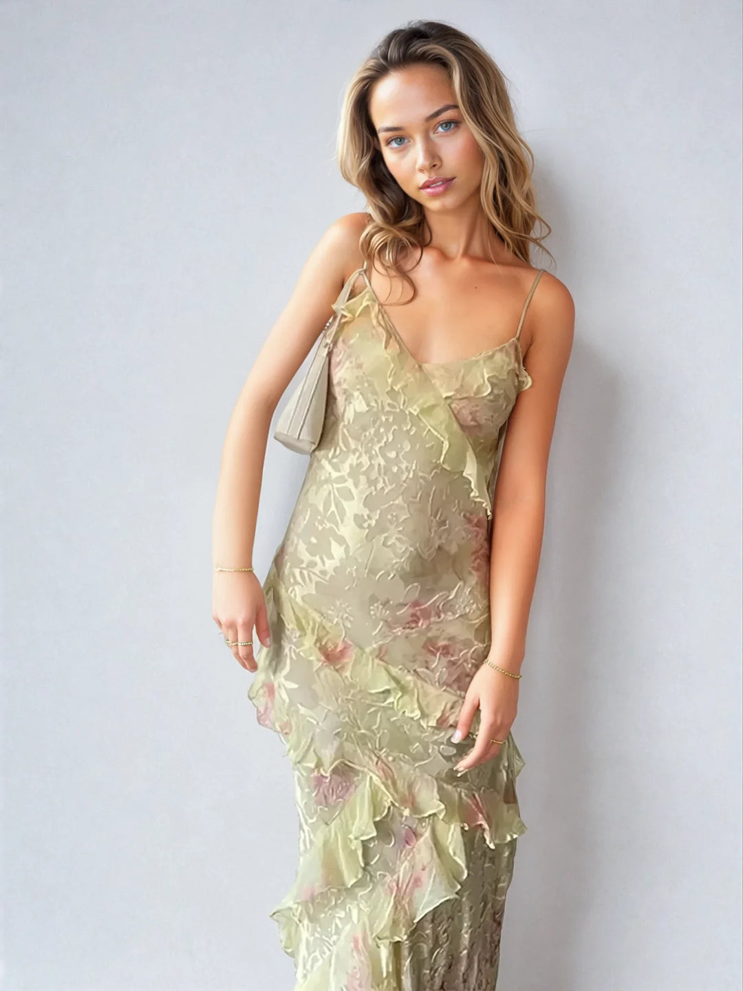 Women's V-Neckline Maxi Dress with Thin Straps and Tiered Ruffle Layers