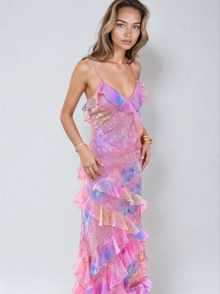 Women's V-Neckline Maxi Dress with Thin Straps and Tiered Ruffle Layers