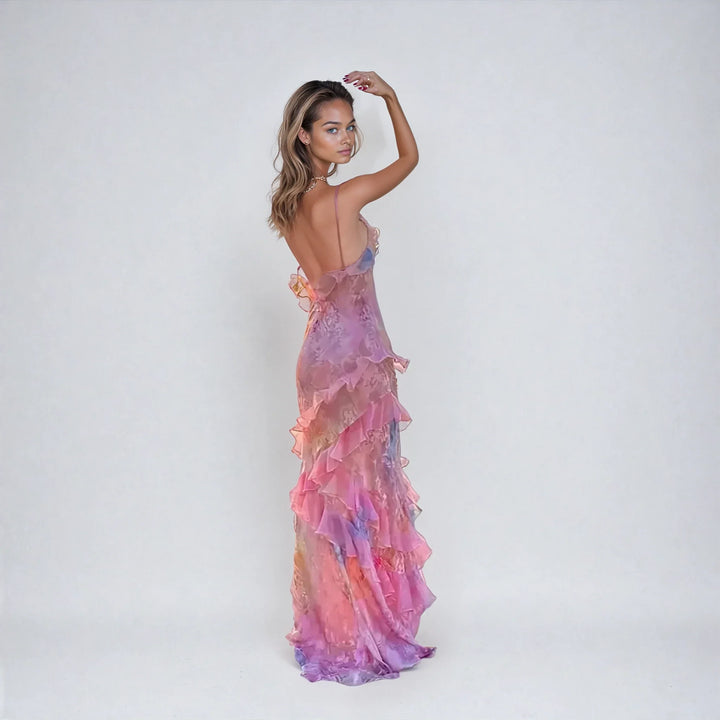 Women's V-Neckline Maxi Dress with Thin Straps and Tiered Ruffle Layers