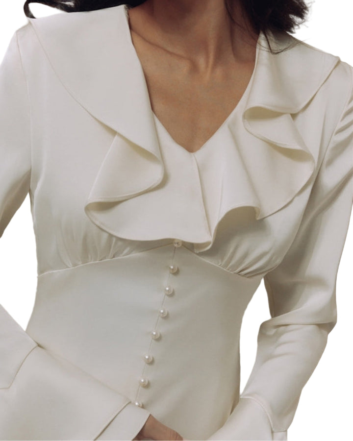 Women's V-Neckline Midi Dress with Button Front and Ruffle Cuffs