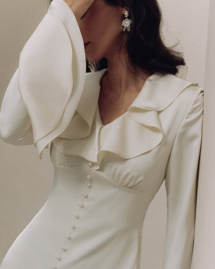 Women's V-Neckline Midi Dress with Button Front and Ruffle Cuffs