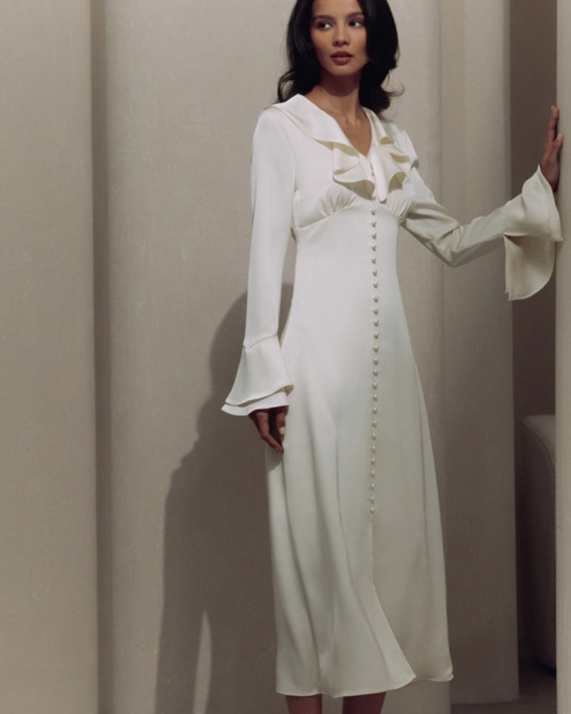 Women's V-Neckline Midi Dress with Button Front and Ruffle Cuffs