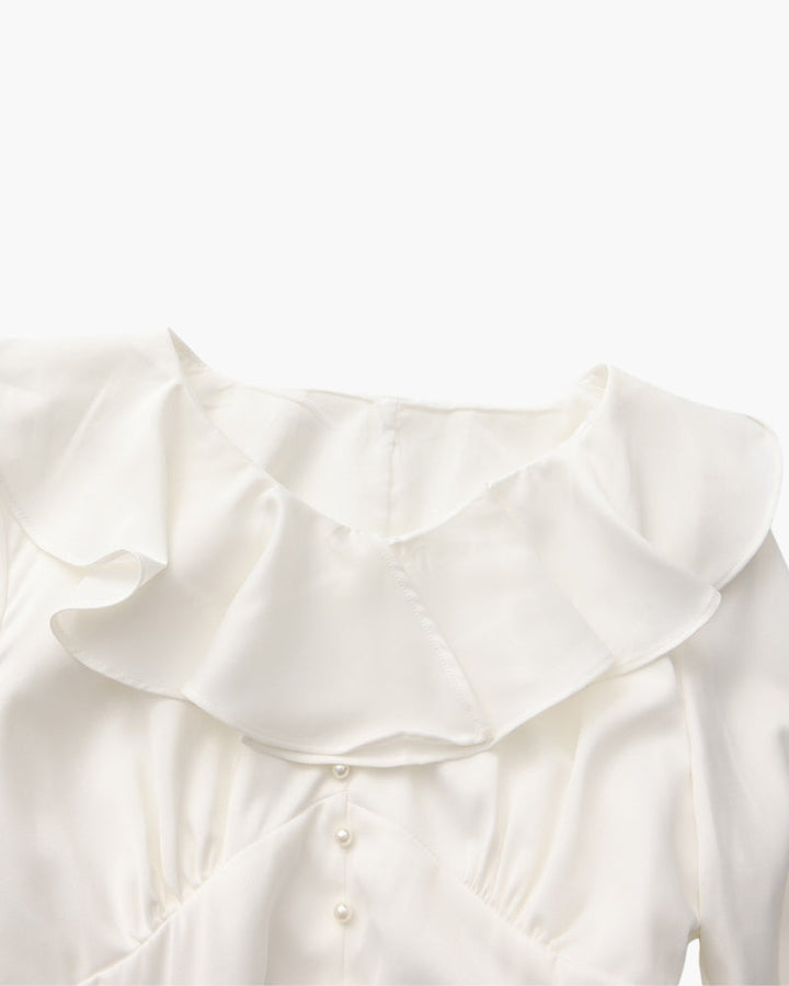 Women's V-Neckline Midi Dress with Button Front and Ruffle Cuffs