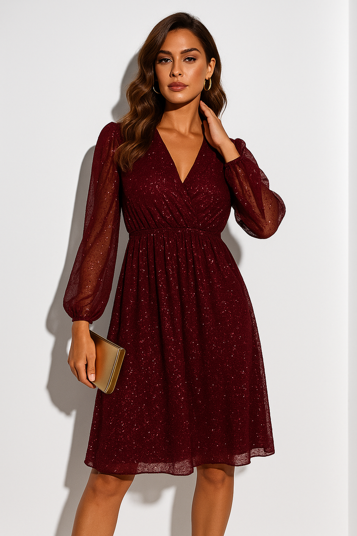 Women's V-Neckline Mini Dress with Wrap-Front Bodice and Sheer Long Sleeves