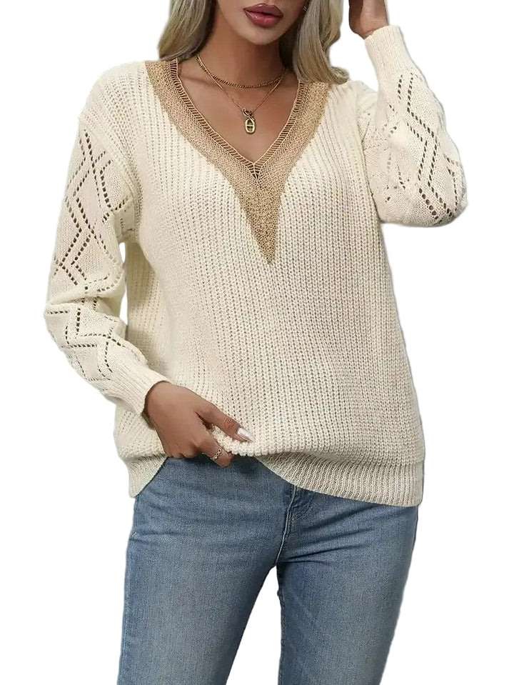 Women's V-Neckline Sweater with Lace Trim and Drop Shoulder