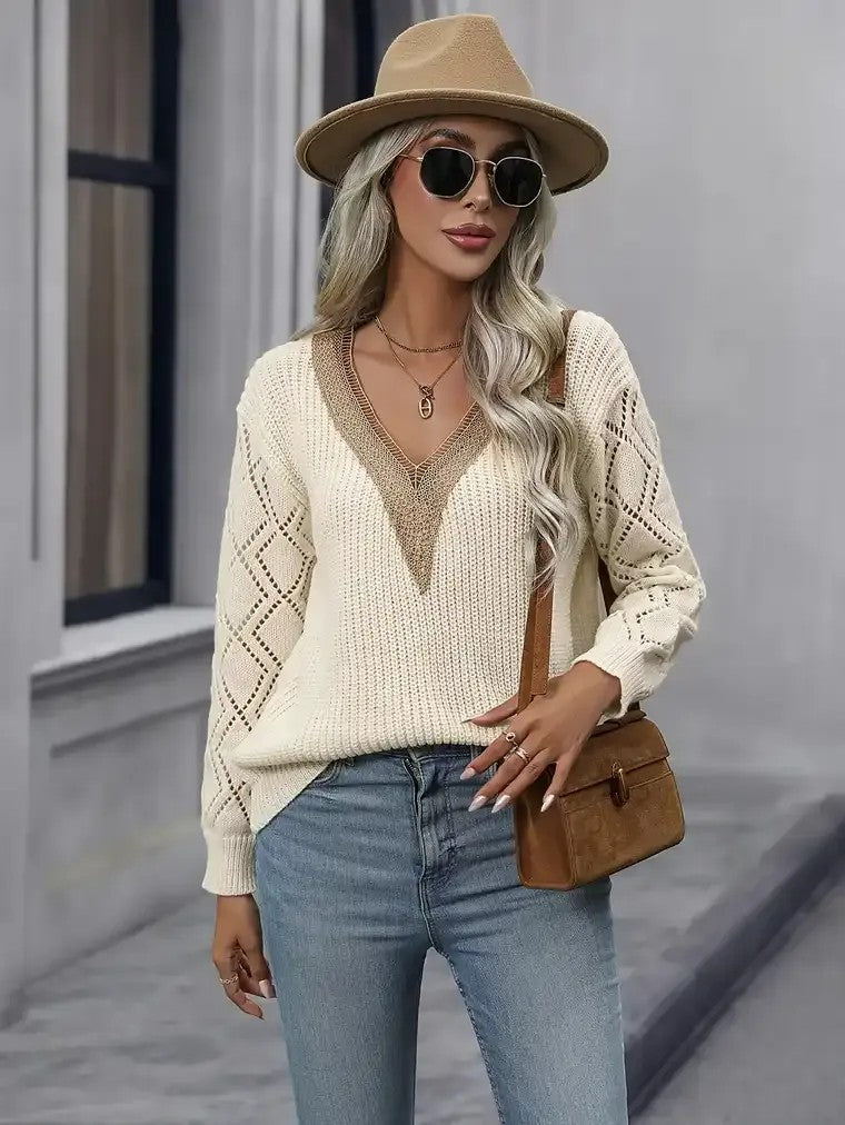 Women's V-Neckline Sweater with Lace Trim and Drop Shoulder