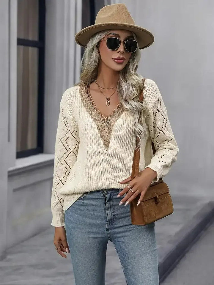Women's V-Neckline Sweater with Lace Trim and Drop Shoulder