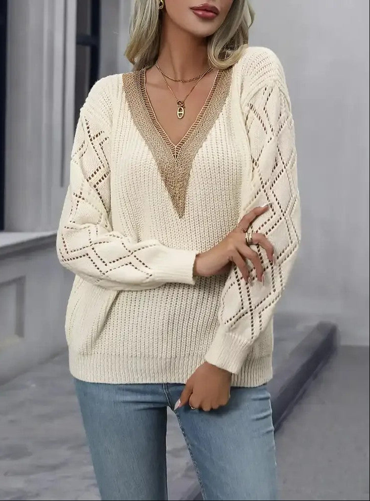 Women's V-Neckline Sweater with Lace Trim and Drop Shoulder