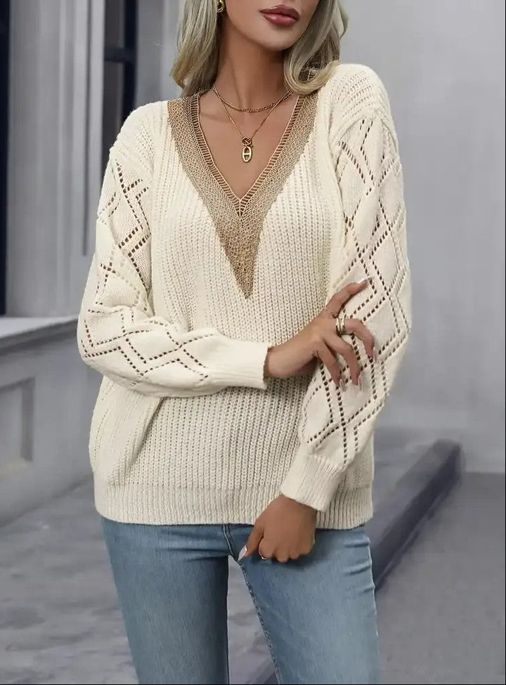 Women's V-Neckline Sweater with Lace Trim and Drop Shoulder