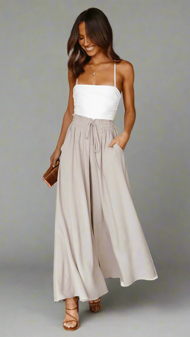 Women's Wide-Leg Trousers with Elasticated Waist and Front Pleats