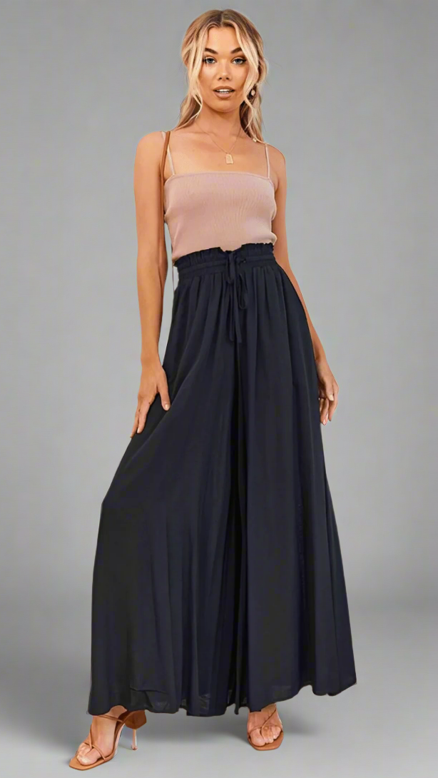 Women's Wide-Leg Trousers with Elasticated Waist and Front Pleats