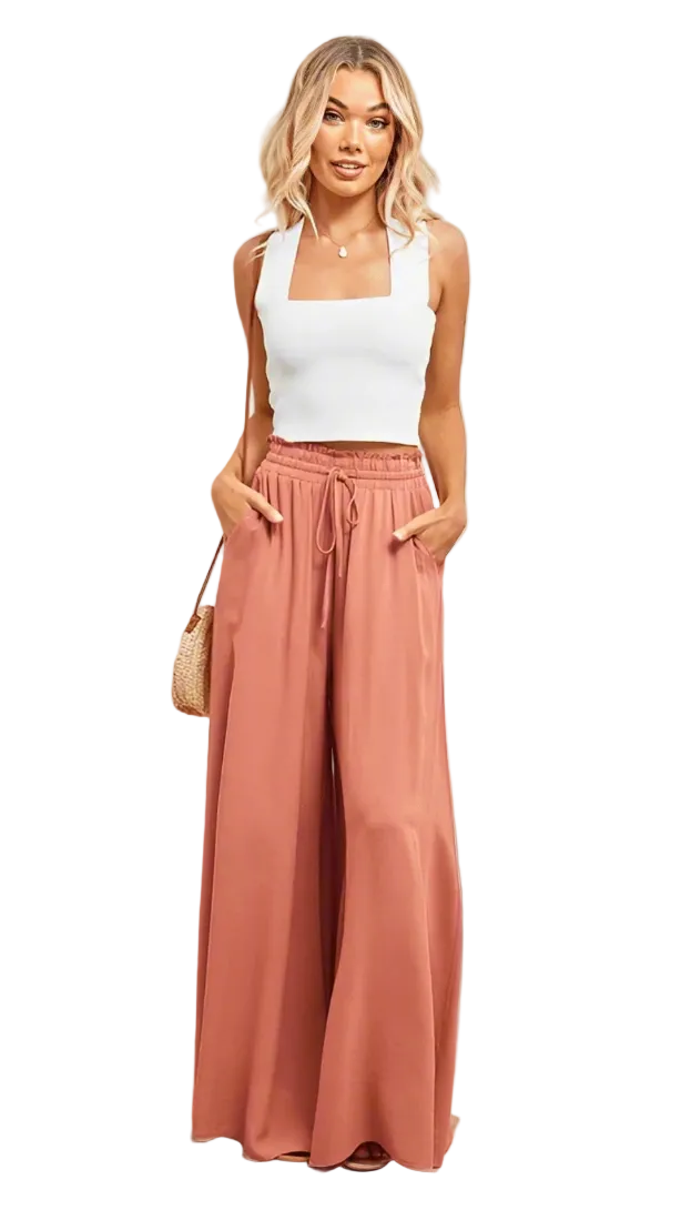 Women's Wide-Leg Trousers with Elasticated Waist and Front Pleats