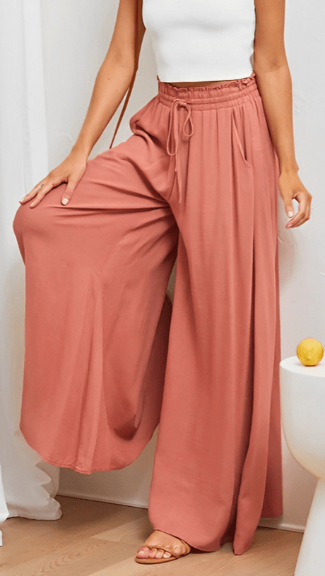 Women's Wide-Leg Trousers with Elasticated Waist and Front Pleats