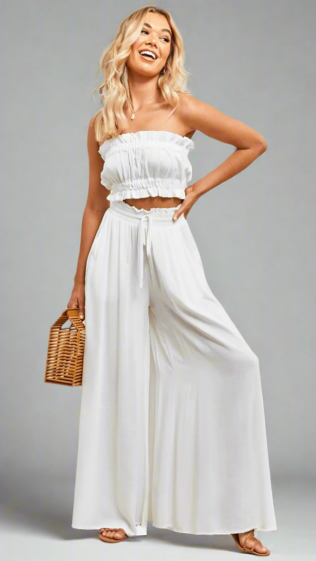 Women's Wide-Leg Trousers with Elasticated Waist and Front Pleats