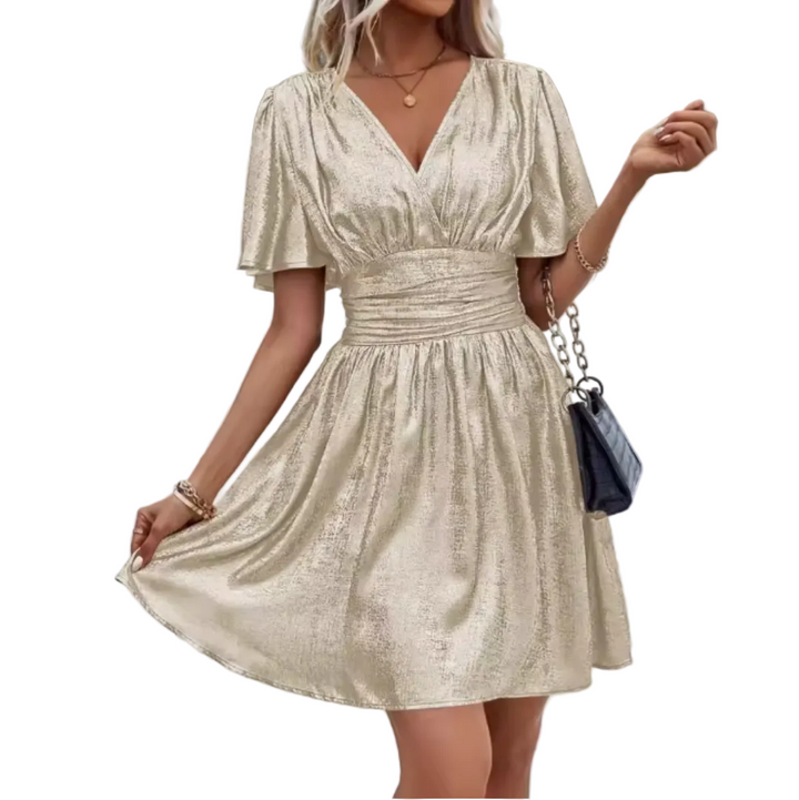 Women's Wrap V-Neckline Mini Dress with Flared Sleeves and Gathered Waist