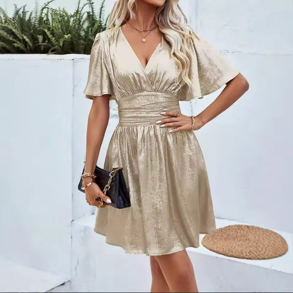 Women's Wrap V-Neckline Mini Dress with Flared Sleeves and Gathered Waist