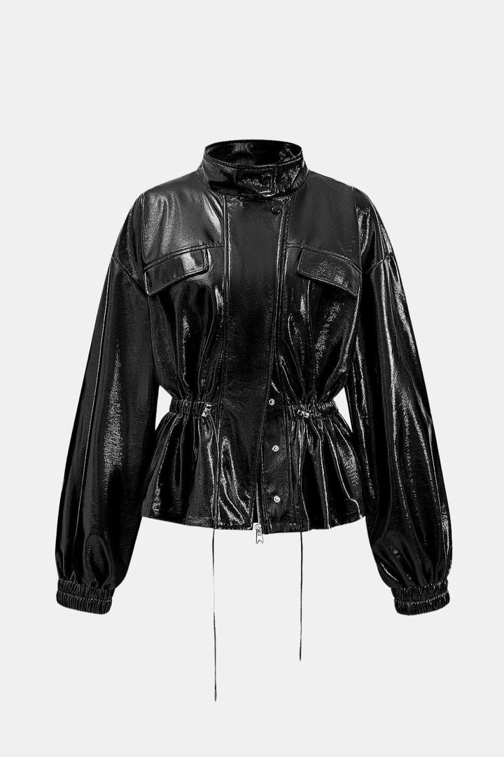 Women's Zip-Front Faux Leather Jacket with High Collar and Drawstring Waist
