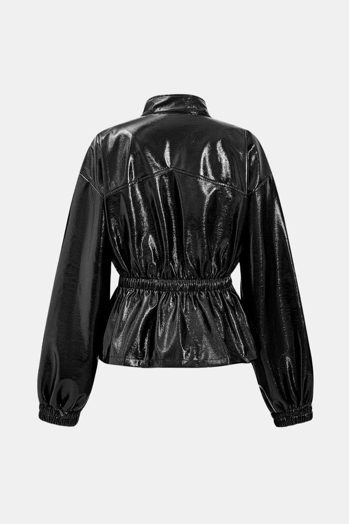 Women's Zip-Front Faux Leather Jacket with High Collar and Drawstring Waist