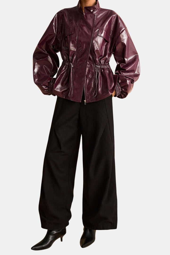 Women's Zip-Front Faux Leather Jacket with High Collar and Drawstring Waist