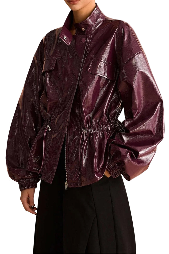Women's Zip-Front Faux Leather Jacket with High Collar and Drawstring Waist