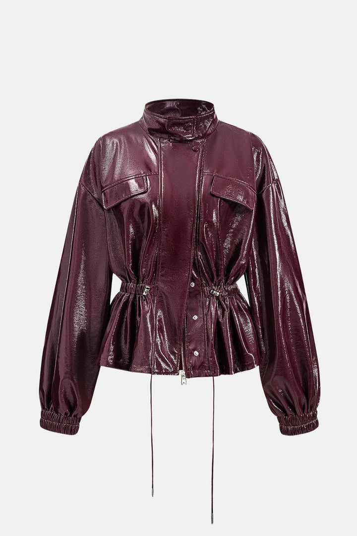 Women's Zip-Front Faux Leather Jacket with High Collar and Drawstring Waist