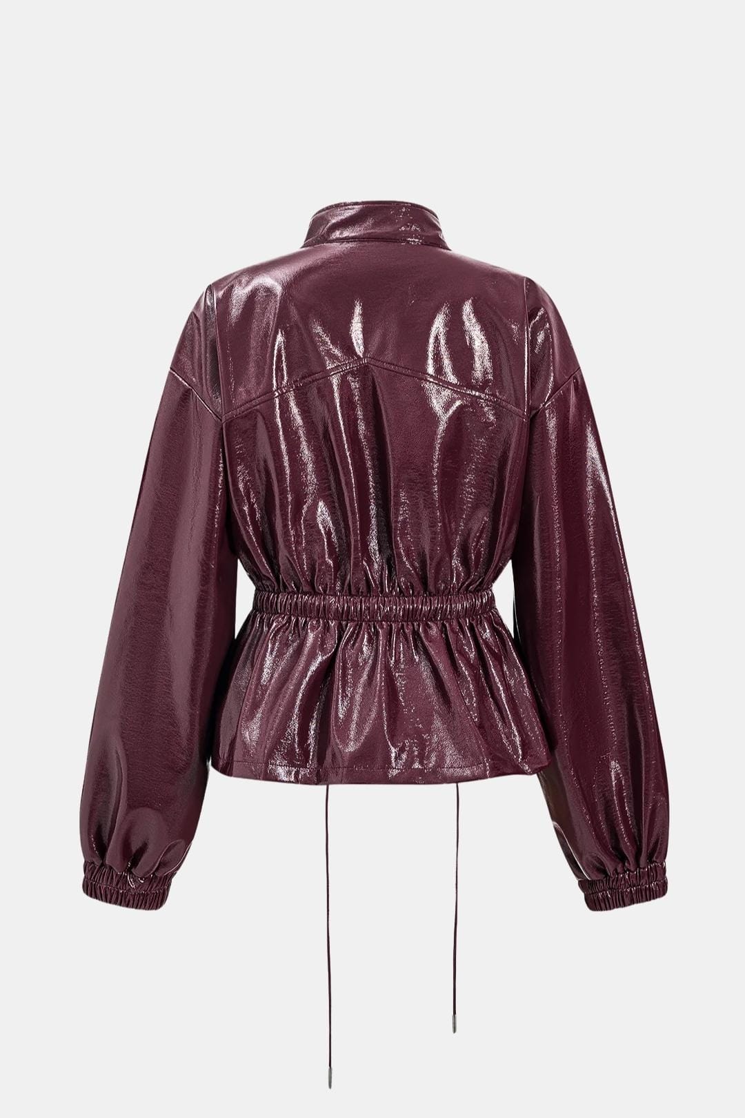 Women's Zip-Front Faux Leather Jacket with High Collar and Drawstring Waist